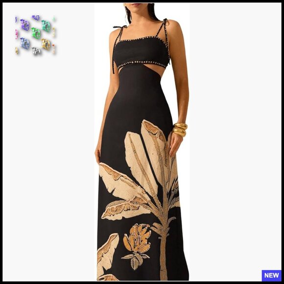 Dresses & Skirts - Boho Print Maxi Dress Spaghetti Strap Tie Back Cut Out Summer Casual Chic